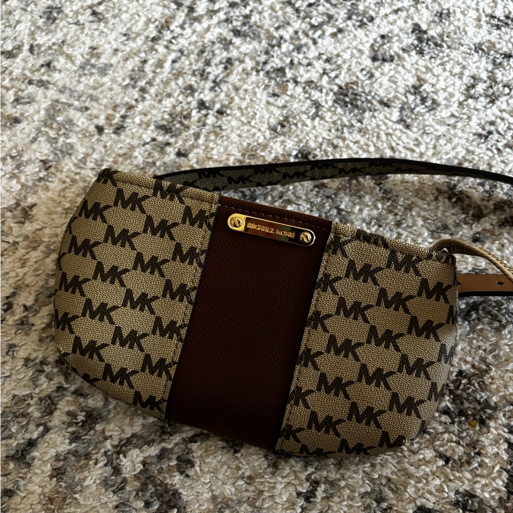 Michael Kors Brown and Tan Belt Bag with Monogram Pattern